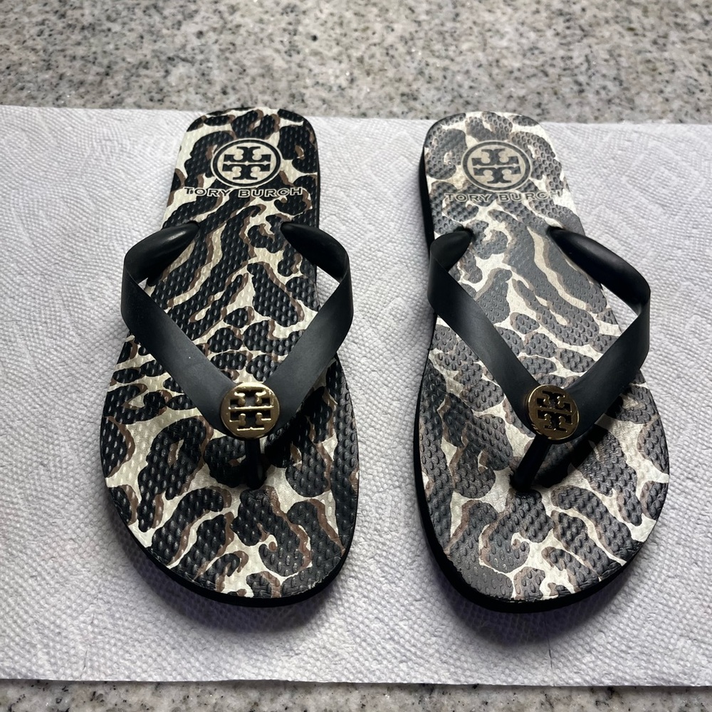 Tory Burch Rubber PVC Thong Flip Flop Sandals With Logo Black Excellent Size 7